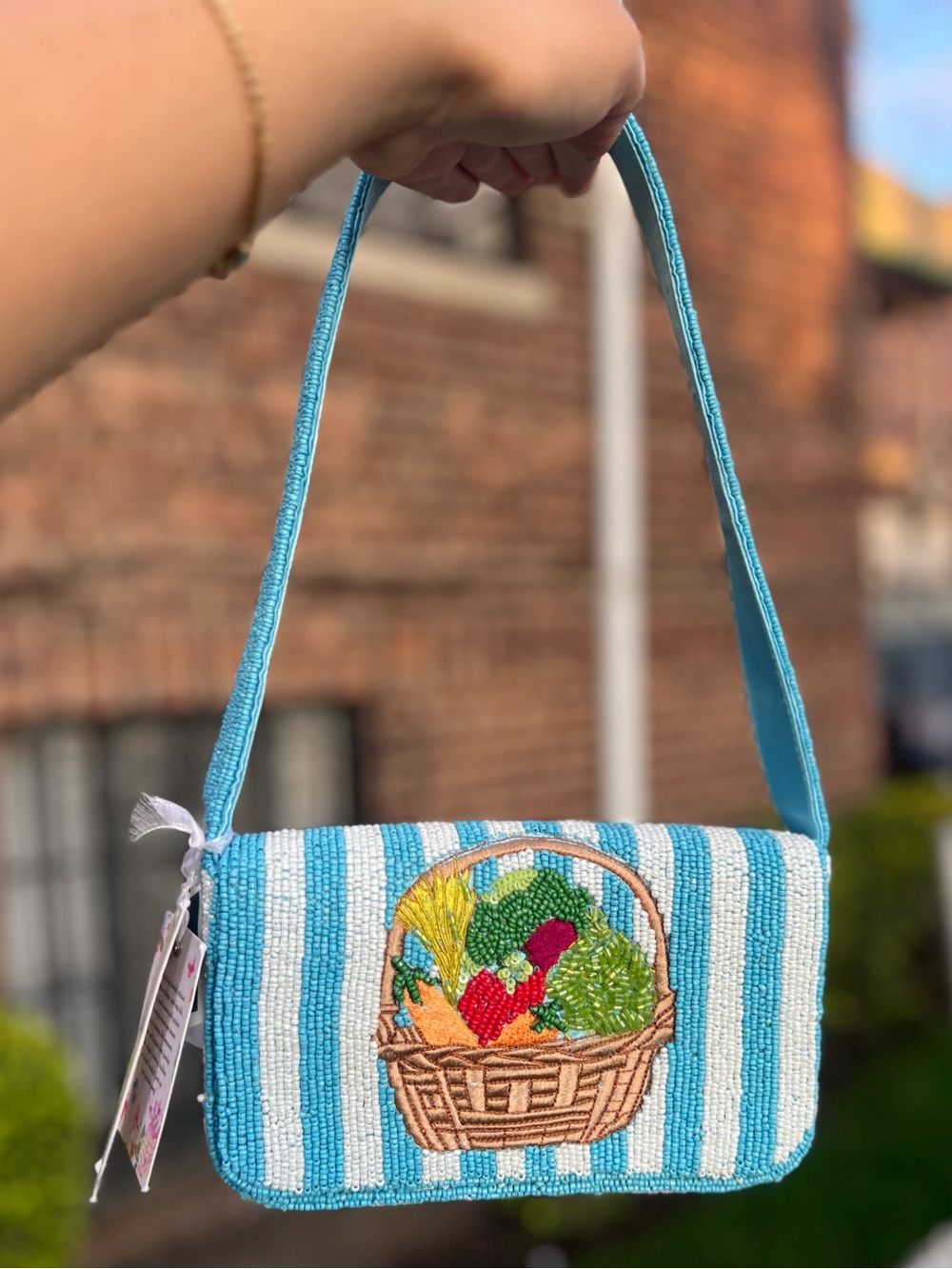 TJMAXX MARSHALLS Picnic Striped Farmers Market Produce Beaded Bag Shoulder Purse - Picture 4 of 10